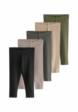 Pieci legingi dažādās krāsās: melnā, olīvzaļā, bēšā, svītrainā brūnā un tumši zaļā; ribota tekstūra, potītes garuma dizains.