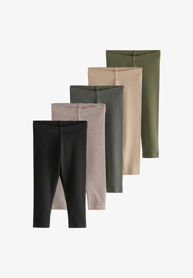 Fünf Paar gerippte Baby-Leggings in Schwarz, gestreiftem Beige, Dunkelgrau, Hellbeige und Olivgrün, versetzt in einer Reihe angeordnet.