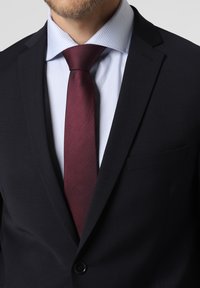 Dunkelblauer Anzug mit einem einzelnen Knopf, kombiniert mit einem hellblauen gemusterten Hemd und einer strukturierten bordeauxroten Krawatte. Glatte Stoffoberfläche.