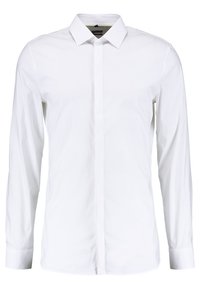 Biała koszula z długim rękawem wykonana z gładkiej tkaniny, z klasycznym kołnierzykiem i zapinana na guziki z przodu, o prostym kroju i minimalistycznym designie.