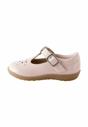Pink glossy Mary Jane shoe with perforated pattern on toe, adjustable buckle strap, and brown rubber sole, shown from the side.