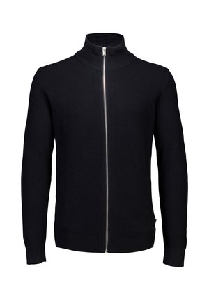 Zwarte ritstrui met een hoge kraag, gestructureerde stof, lange mouwen, geribde manchetten en zoom, en een zilveren ritsluiting aan de voorkant.