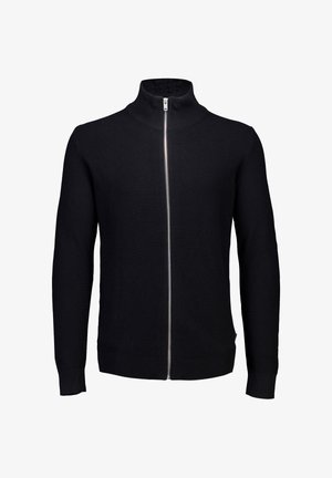 Zwarte ritstrui met een hoge kraag, gestructureerde stof, lange mouwen, geribde manchetten en zoom, en een zilveren ritsluiting aan de voorkant.