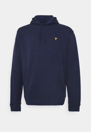 Marineblauwe hoodie met voorzak, capuchon met trekkoord, geribde boorden en klein geel vogellogo op linkerbovenkant van de borst.
