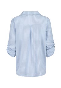 Light blue shirt with white vertical stripes. Features a collar, rolled sleeves, and a back pleat. Made from a soft fabric.