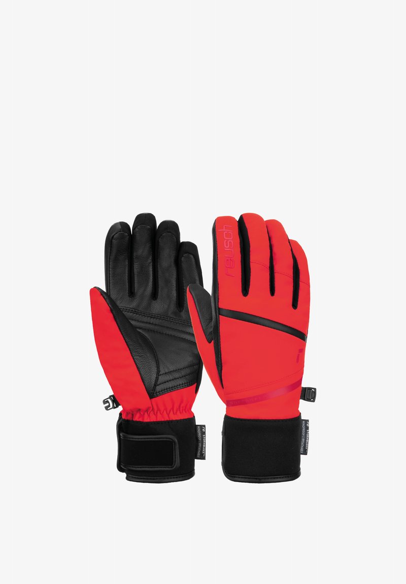Guantes rojos y negros con palma de cuero, acolchados y con un ajuste ceñido. Incluye correa de muñeca ajustable y logotipo en el dorso de la mano.