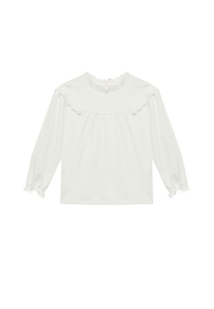 Hvid bluse med lange ærmer, med bølget blondekrave og manchetter, samlet skulderparti og løs pasform.