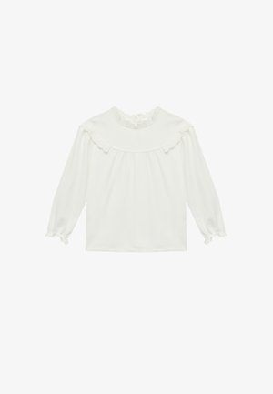 Witte blouse met lange mouwen, voorzien van een geschulpte kanten kraag en manchetten, geplooide inzet aan het schouderblad en een losse pasvorm.
