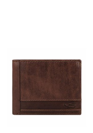 Portefeuille en cuir marron avec une texture lisse, au design horizontal, et un subtil détail de logo en relief. Présente un accent plus foncé contrastant.