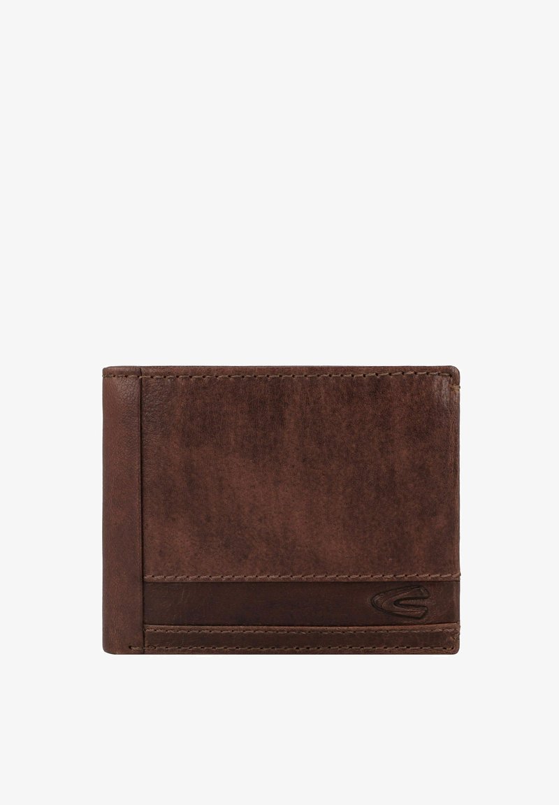 Portefeuille en cuir marron avec une texture lisse, au design horizontal, et un subtil détail de logo en relief. Présente un accent plus foncé contrastant.