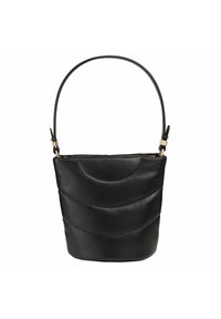 Borsa a secchiello in pelle nera con design arrotondato, caratterizzata da cuciture curve e un manico corto. Include dettagli in hardware dorato.