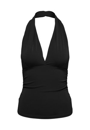 Top noir sans manches avec col halter, encolure en V profonde et taille ajustée.
