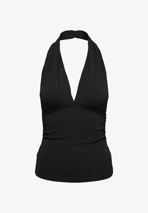 Black halter neck sleeveless top with deep V neckline and fitted waist.