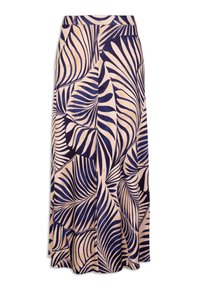 Maxikjol med en krämfärgad bakgrund och mönster av mörkblå palmer. Tillverkad av mjukt tyg har den en slät yta och elastisk midja.