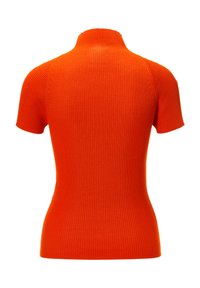 Korte mouwen turtleneck top in feloranje geribbelde tricotstof, aansluitend ontwerp met een hoge kraag en een soepele textuur.