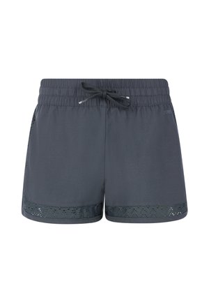 Grijze sportshorts met een elastische tailleband, een trekkoordsluiting en mesh-accenten aan de onderrand voor ventilatie. Gladde stoftextuur.