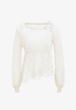 Weißer, leichter Pullover mit einem Häkelmuster, langen Ärmeln, einem Peplum-Saum und gewellten Kanten. Weiche Textur mit einem offenen Strickmuster.