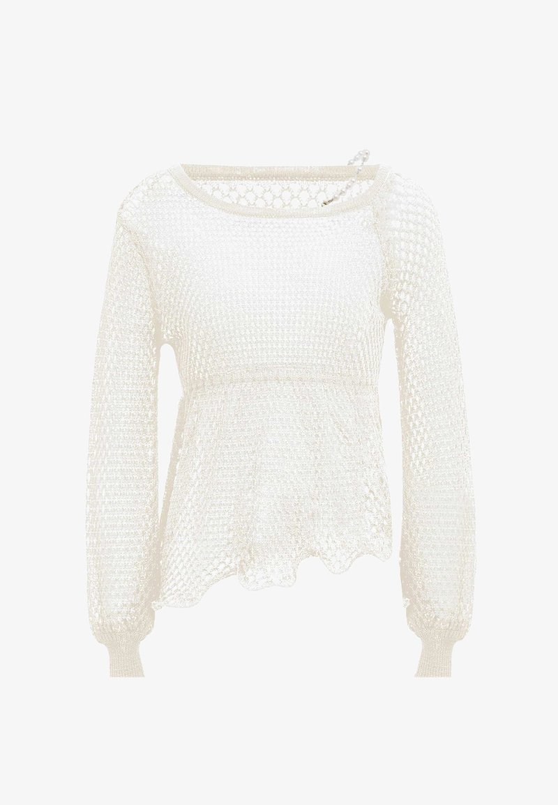 Weißer, leichter Pullover mit einem Häkelmuster, langen Ärmeln, einem Peplum-Saum und gewellten Kanten. Weiche Textur mit einem offenen Strickmuster.