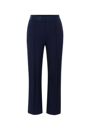 Pantaloni blu navy realizzati in tessuto morbido, con una cintura elastica a motivo e due dettagli di cucitura verticale sul davanti.
