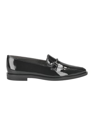 Mocassino in pelle verniciata nera dal design elegante, con punta arrotondata e un accento decorativo a fibbia sul davanti. Suola piatta in gomma.