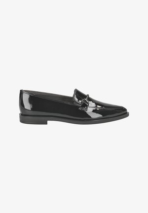 Black patent leather loafer with a sleek design, featuring a rounded toe and a decorative buckle accent on the vamp. Flat rubber sole.