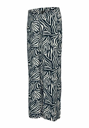 Laia püksid tumesinises ja kreemjas värvitoonis julge sebra mustriga. Valmistatud kergest kangast, millel on mugav elastne vöökoht.