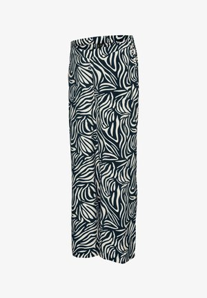 Wijdere broek in marineblauw en crème met een gedurfde zebra-print. Gemaakt van lichtgewicht stof, met een elastische tailleband voor comfort.