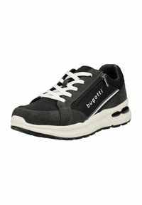 Sneaker in suede e mesh grigi con lacci bianchi e zip laterale, caratterizzata da accenti neri e una suola intermedia bianca spessa con suola nera.