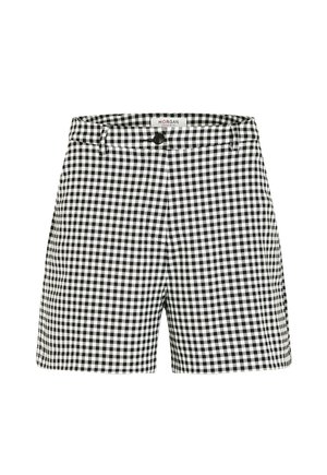 Shorts taille haute à carreaux vichy noir et blanc avec fermeture à boutons et passants pour ceinture, devant plat.