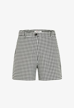 Shorts taille haute à carreaux vichy noir et blanc avec fermeture à boutons et passants pour ceinture, devant plat.