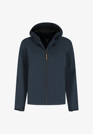 Marine waterdichte jas met een capuchon, ritsluiting, twee voorzakken en verstelbare manchetten. Heeft een soepele textuur en duurzame stof.