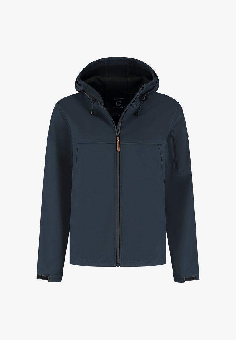 Marine waterdichte jas met een capuchon, ritsluiting, twee voorzakken en verstelbare manchetten. Heeft een soepele textuur en duurzame stof.