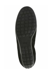 Semelle de chaussure en suède noir avec un design en caoutchouc à motifs rectangulaires, et le nom de la marque "högl" en relief près du talon.