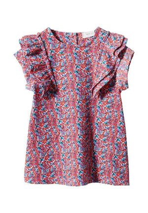 Rood en blauw gemusterde top met gerimpelde mouwen, voorzien van een gestructureerde stof en een ronde halslijn, geschikt voor casual gebruik.