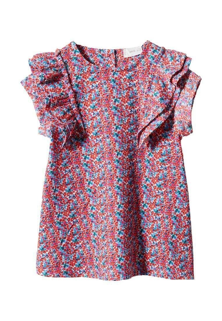 Czerwony i niebieski top w wzory z falbaniastymi rękawami, wykonany z teksturowanej tkaniny i z okrągłym dekoltem, odpowiedni na codzienne wyjścia.