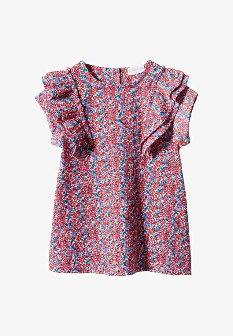 Czerwony i niebieski top w wzory z falbaniastymi rękawami, wykonany z teksturowanej tkaniny i z okrągłym dekoltem, odpowiedni na codzienne wyjścia.