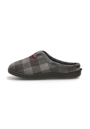 Zapatilla con un patrón de cuadros grises y acentos rojos, suave forro de piel sintética y una suela negra robusta. Diseño de talón cerrado para mayor comodidad.