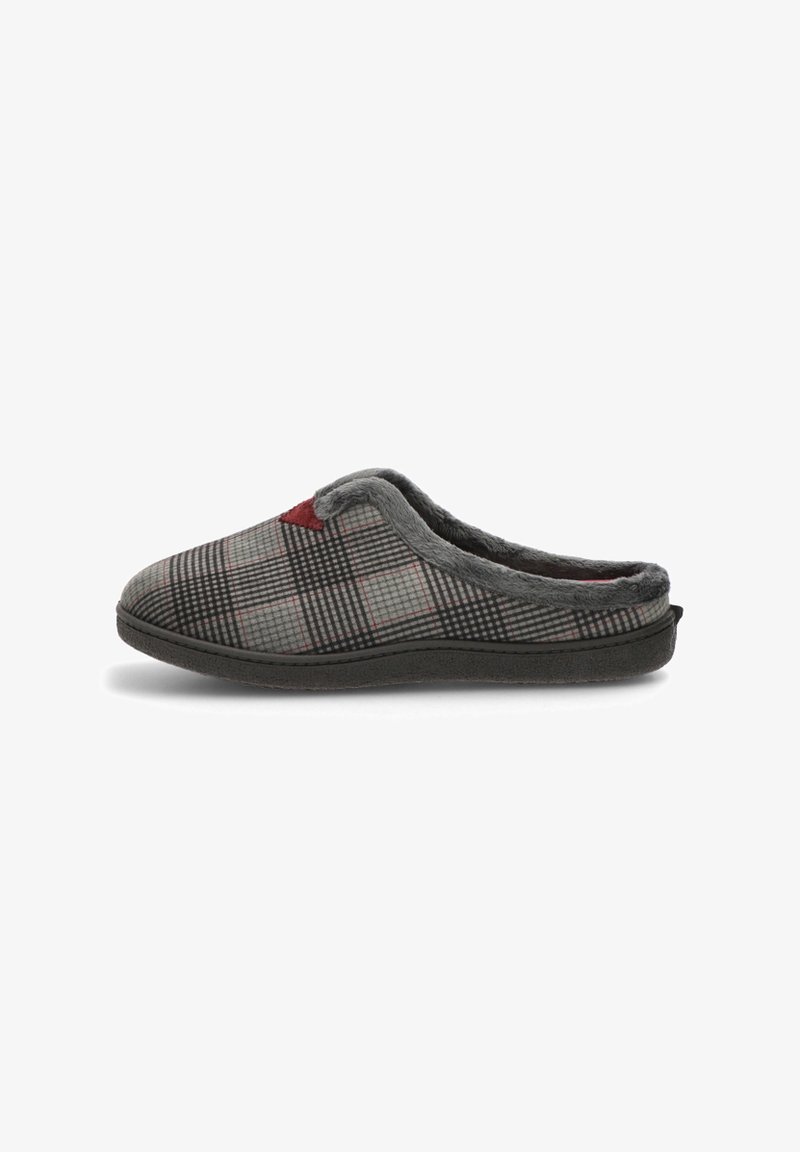 Zapatilla con un patrón de cuadros grises y acentos rojos, suave forro de piel sintética y una suela negra robusta. Diseño de talón cerrado para mayor comodidad.