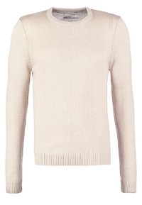 Jasno beżowy sweter dziany, okrągły dekolt, długie rękawy, ściągacze na rękawach i dolnej krawędzi, strukturalna tkanina.