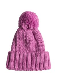 Pink knitted beanie with a ribbed brim and a fluffy pom-pom on top, made of soft yarn with a textured finish.