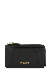 Black leather wallet with textured surface, features gold hardware, a zip closure, and a logo. Design includes geometric accent stitching.