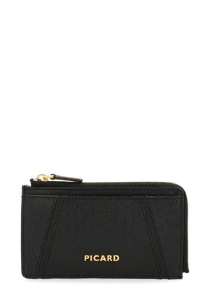 Black leather wallet with textured surface, features gold hardware, a zip closure, and a logo. Design includes geometric accent stitching.