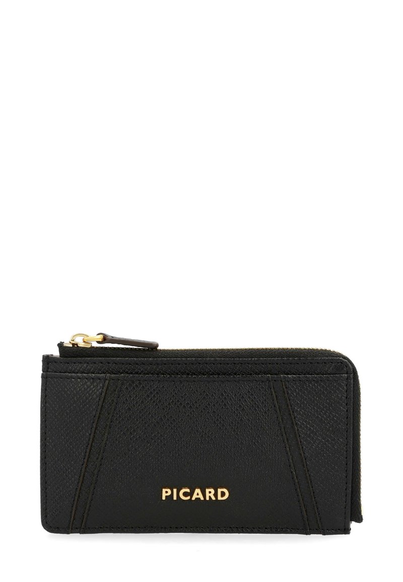 Black leather wallet with textured surface, features gold hardware, a zip closure, and a logo. Design includes geometric accent stitching.