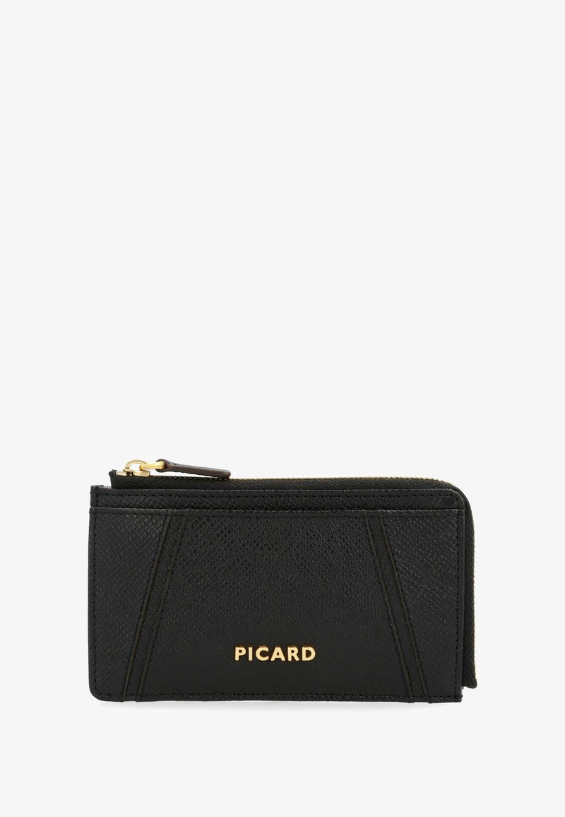 Black leather wallet with textured surface, features gold hardware, a zip closure, and a logo. Design includes geometric accent stitching.