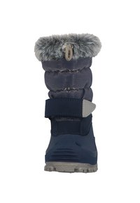 Marineblå vinterstøvler med en myk grå faux fur-kant, justerbar stropp, quiltet kropp, teksturert gummisåle og forsterket tå.
