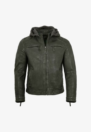 Dunkelgrüne Lederjacke mit Frontreißverschluss, zwei Reißverschlusstaschen auf der Brust, zwei Seitentaschen und einer grauen angenähten Kapuze.