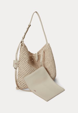 Šviesiai ruda austinė rankinė ant peties su reguliuojama dirželiu ir nuimamu lygiu odiniu dėklu, abu su subtiliai įspaustu prekės ženklu.