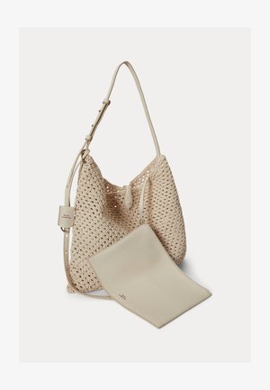 Beež värvitud õlakott reguleeritava rihma ja eemaldatava sileda nahast kotikesega, mõlemal on peen embosseeritud bränding.