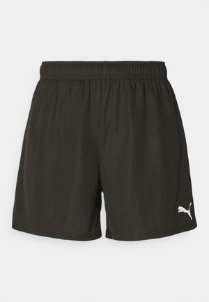 Black athletic shorts with an elastic waistband, featuring a smooth texture and a white Puma logo on the lower left side.