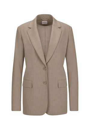 Beige maßgeschneiderter Blazer mit strukturiertem Design, Reverskragen, Zwei-Knopf-Verschluss und zwei vorderen Taschen. Glatte Stofftextur insgesamt.